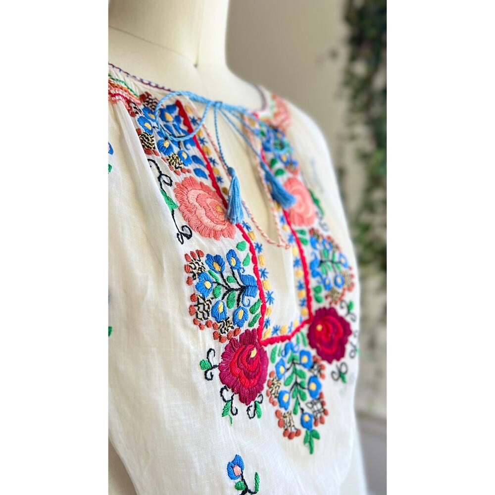 Vintage 1930s Peasant Top 30s Hungarian Floral Embroidered White Folk Blouse - Picture 8 of 10